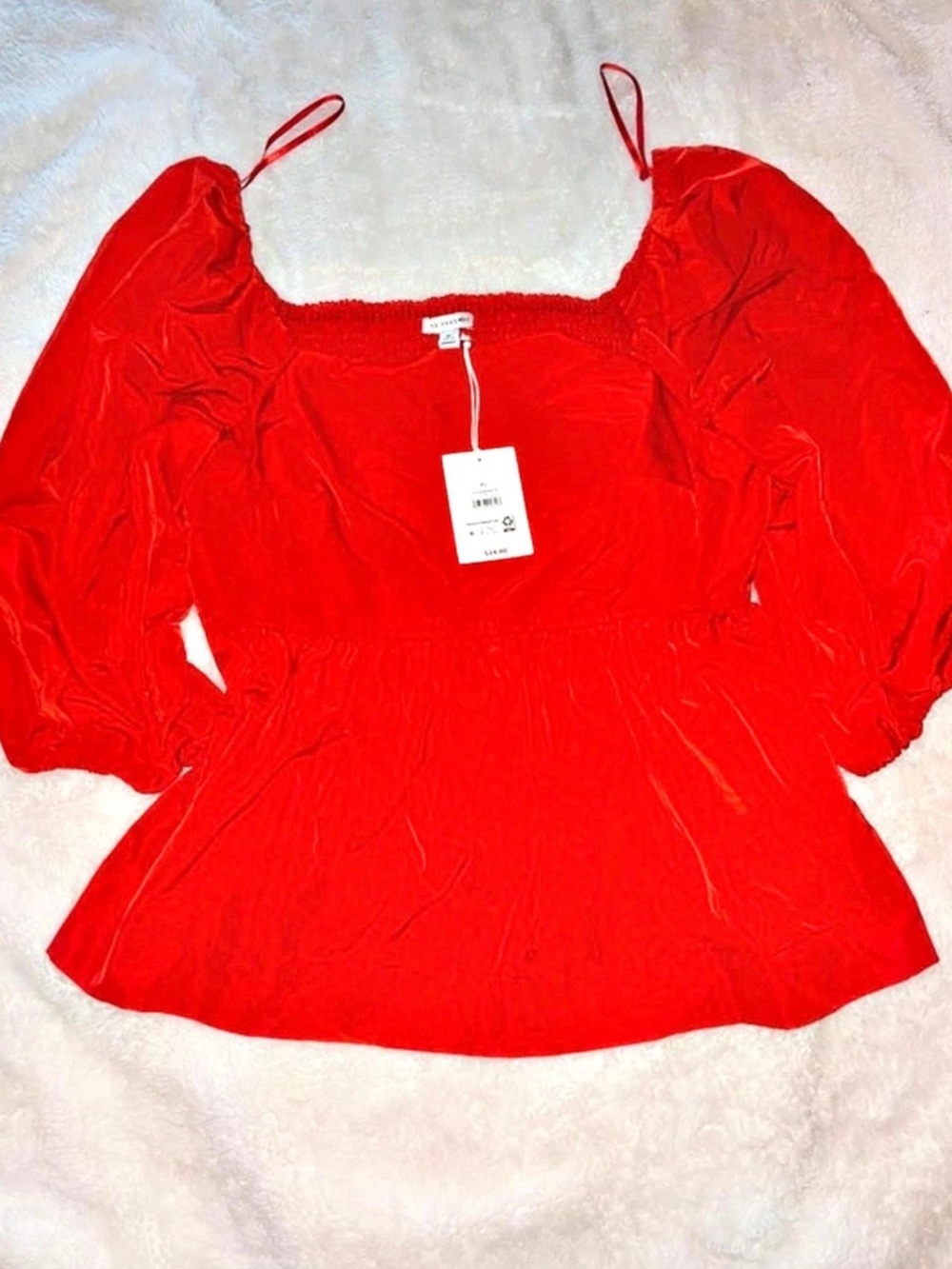 Free Assembly Square Neck Peplum Smocked Puff Sleeve Blouse Red XL